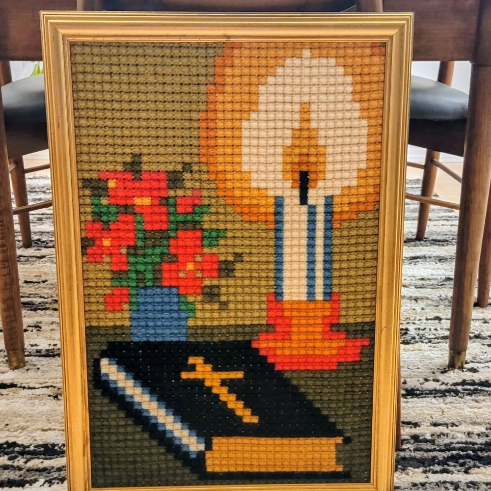 VTG Crossstitch Religious Bible Framed Completed Green Yellow 60's/70's